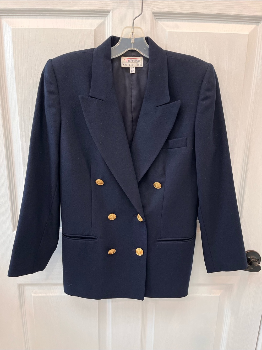 Talbots Vintage Navy 100% Wool Double Blazer 6P Gold Button USA Academia Preppy